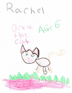 Ashley, age 6, draws a cat for Danny the Dragon.